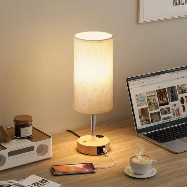 Alt view image 7 of 7 - Touch Bedside Table Lamp with Memory - Stepless Dimmable Lamp for Bedroom, Small Nightstand Lamp with Dual USB Charging Ports and AC Outlet, Wood Night Light, Desk Lamp for Nursery, Living Room, Dorm