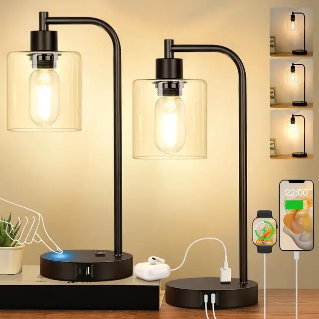Main image of Set of 2 Industrial Touch Control Table Lamps with USB C+A Ports and AC Outlet - 3-Way Dimmable Black Bedside Lamps Nightstand Desk Lamps for Bedroom Living Room, Glass Shade & 2 LED Bulbs Included