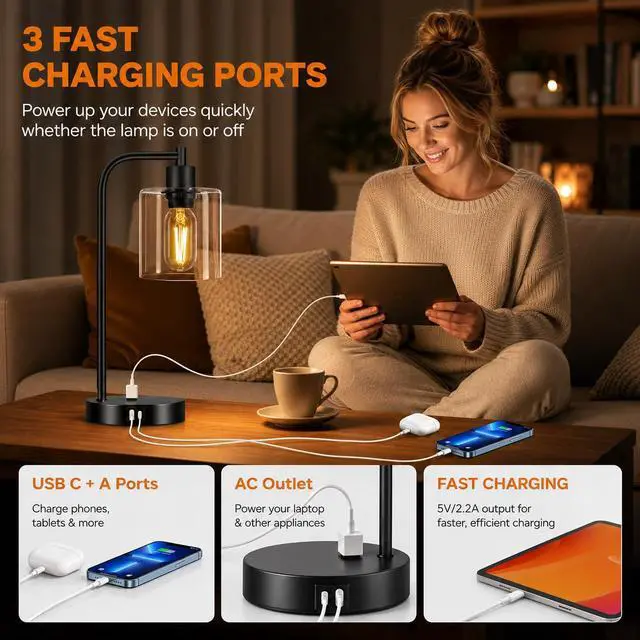 Alt view image 4 of 7 - Set of 2 Industrial Touch Control Table Lamps with USB C+A Ports and AC Outlet - 3-Way Dimmable Black Bedside Lamps Nightstand Desk Lamps for Bedroom Living Room, Glass Shade & 2 LED Bulbs Included