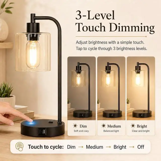 Alt view image 3 of 7 - Set of 2 Industrial Touch Control Table Lamps with USB C+A Ports and AC Outlet - 3-Way Dimmable Black Bedside Lamps Nightstand Desk Lamps for Bedroom Living Room, Glass Shade & 2 LED Bulbs Included
