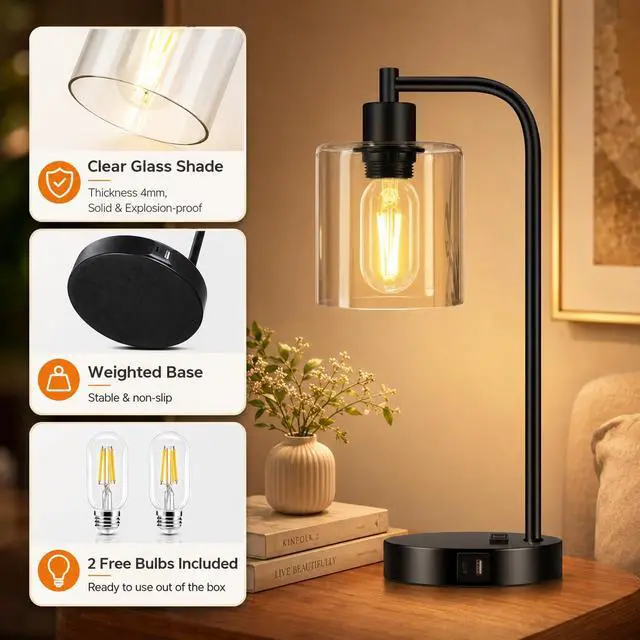 Alt view image 5 of 7 - Set of 2 Industrial Touch Control Table Lamps with USB C+A Ports and AC Outlet - 3-Way Dimmable Black Bedside Lamps Nightstand Desk Lamps for Bedroom Living Room, Glass Shade & 2 LED Bulbs Included