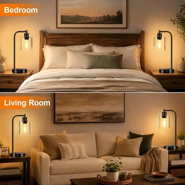 Alt view image 7 of 7 - Set of 2 Industrial Touch Control Table Lamps with USB C+A Ports and AC Outlet - 3-Way Dimmable Black Bedside Lamps Nightstand Desk Lamps for Bedroom Living Room, Glass Shade & 2 LED Bulbs Included
