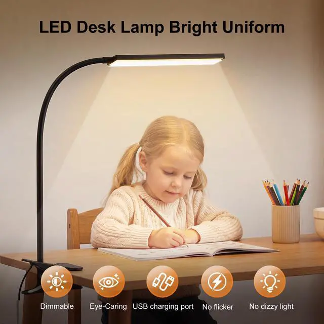 Alt view image 3 of 7 - Clip on Light LED Desk Lamp with Eye-Caring LED Light and Metal Clip, 6 Level Brightness 3 Color Modes, Power by USB Port 5W Adjustable Neck Reading Lamp for Home and Office (5W, Black)