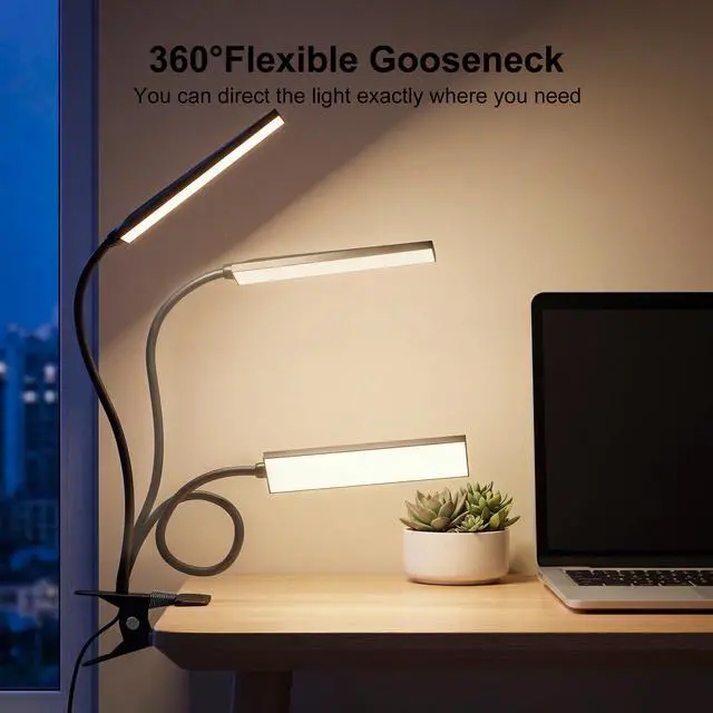 Alt view image 2 of 7 - Clip on Light LED Desk Lamp with Eye-Caring LED Light and Metal Clip, 6 Level Brightness 3 Color Modes, Power by USB Port 5W Adjustable Neck Reading Lamp for Home and Office (5W, Black)