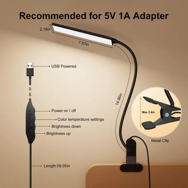 Alt view image 5 of 7 - Clip on Light LED Desk Lamp with Eye-Caring LED Light and Metal Clip, 6 Level Brightness 3 Color Modes, Power by USB Port 5W Adjustable Neck Reading Lamp for Home and Office (5W, Black)