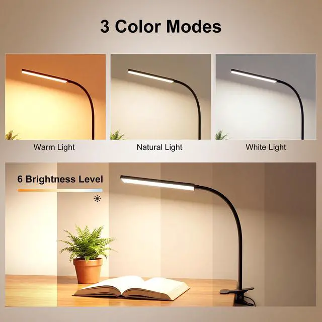 Alt view image 6 of 7 - Clip on Light LED Desk Lamp with Eye-Caring LED Light and Metal Clip, 6 Level Brightness 3 Color Modes, Power by USB Port 5W Adjustable Neck Reading Lamp for Home and Office (5W, Black)