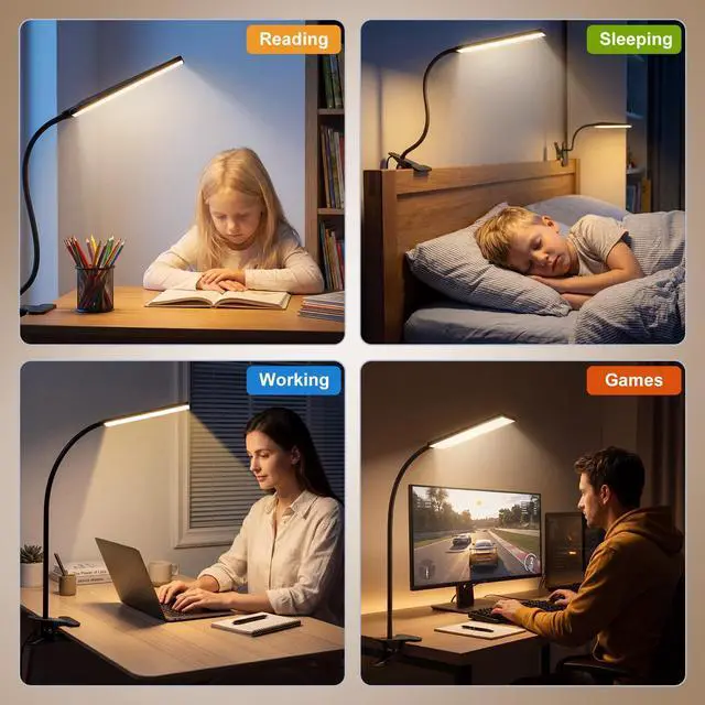 Alt view image 7 of 7 - Clip on Light LED Desk Lamp with Eye-Caring LED Light and Metal Clip, 6 Level Brightness 3 Color Modes, Power by USB Port 5W Adjustable Neck Reading Lamp for Home and Office (5W, Black)