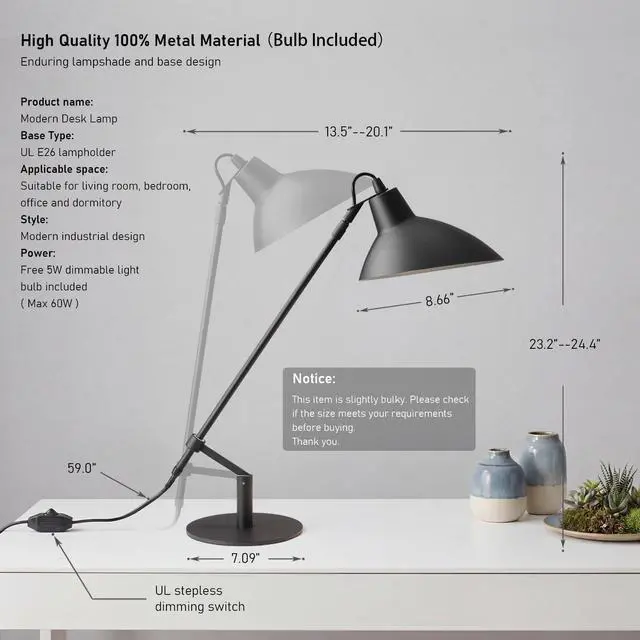 Alt view image 2 of 7 - Desk Lamp Modern Industrial 100% Metal Adjustable Table Lamp 24", Natural Light (4000K) with Dimmer, Ideal for Office Bedroom Study Room Living Room Nightstand Bedside Lamps Sand Black