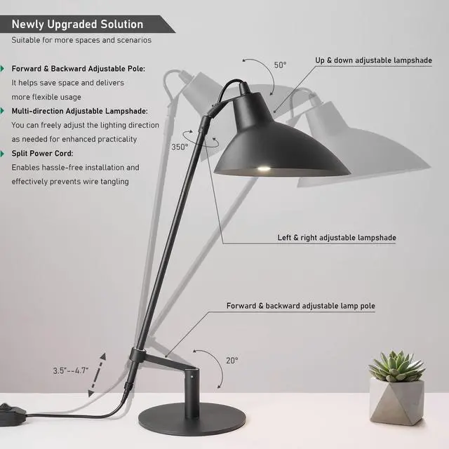 Alt view image 3 of 7 - Desk Lamp Modern Industrial 100% Metal Adjustable Table Lamp 24", Natural Light (4000K) with Dimmer, Ideal for Office Bedroom Study Room Living Room Nightstand Bedside Lamps Sand Black