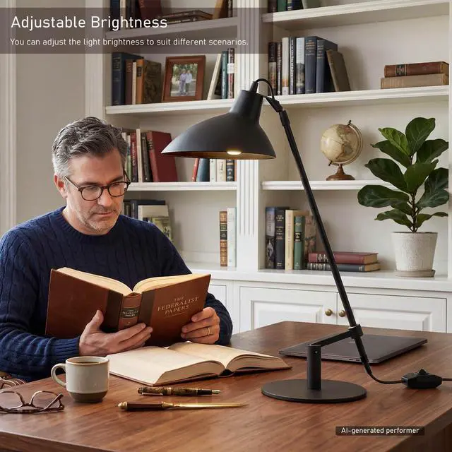 Alt view image 4 of 7 - Desk Lamp Modern Industrial 100% Metal Adjustable Table Lamp 24", Natural Light (4000K) with Dimmer, Ideal for Office Bedroom Study Room Living Room Nightstand Bedside Lamps Sand Black