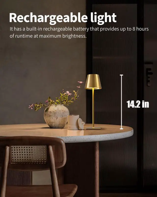 Alt view image 2 of 7 - 2 Pack Cordless Table Lamp,Portable LED Desk Lamp, 4000mAh Battery Operated, 3 Color Stepless Dimming Up, for Restaurant/Bedroom/Bars/Outdoor Party/Camping/Coffee Shop Night Light(Gold)