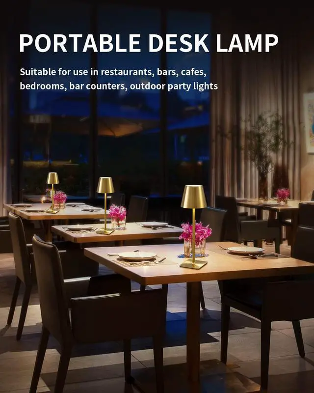 Alt view image 3 of 7 - 2 Pack Cordless Table Lamp,Portable LED Desk Lamp, 4000mAh Battery Operated, 3 Color Stepless Dimming Up, for Restaurant/Bedroom/Bars/Outdoor Party/Camping/Coffee Shop Night Light(Gold)