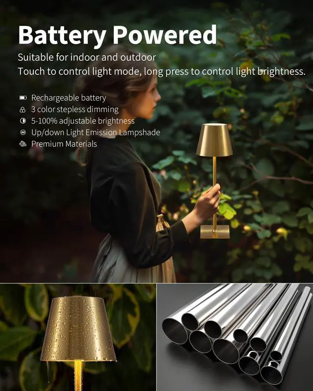 Alt view image 4 of 7 - 2 Pack Cordless Table Lamp,Portable LED Desk Lamp, 4000mAh Battery Operated, 3 Color Stepless Dimming Up, for Restaurant/Bedroom/Bars/Outdoor Party/Camping/Coffee Shop Night Light(Gold)
