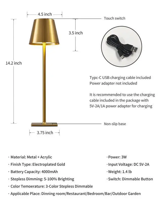 Alt view image 5 of 7 - 2 Pack Cordless Table Lamp,Portable LED Desk Lamp, 4000mAh Battery Operated, 3 Color Stepless Dimming Up, for Restaurant/Bedroom/Bars/Outdoor Party/Camping/Coffee Shop Night Light(Gold)