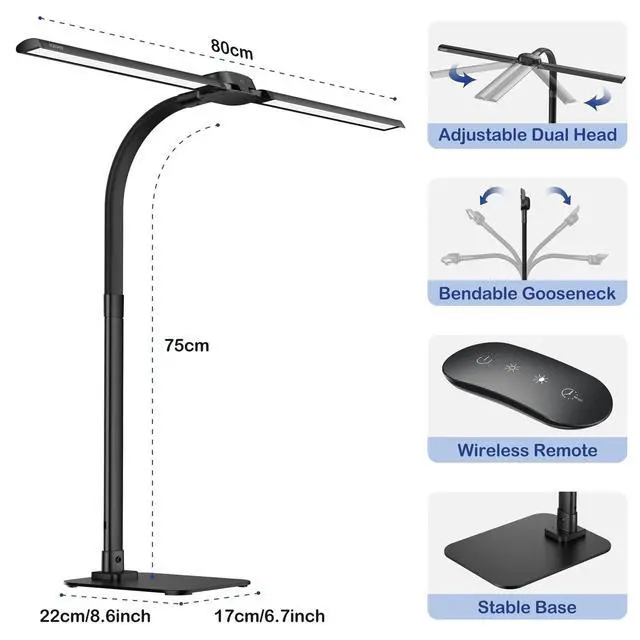 Alt view image 7 of 7 - Desk Lamp with USB Charging Port for Home Office 24w Architect Remote Base Dual Task Led Light Modern 5 Color Modes Dimmable Adjustable Gooseneck Double Head Reading Drafting Eye Caring Tall Lamps