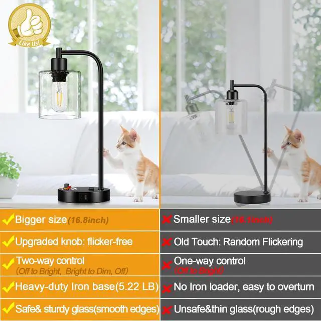 Alt view image 2 of 7 - Set of 2 Industrial Table Lamps with USB C+A Ports and Outlet, Fully Stepless Dimmable Bedside Lamps for Bedrooms, Nightstand Lamp with Seed Glass Shade for Reading Living Room Office (Bulbs Included)