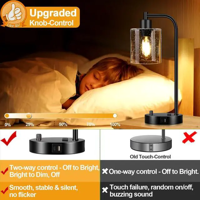 Alt view image 3 of 7 - Set of 2 Industrial Table Lamps with USB C+A Ports and Outlet, Fully Stepless Dimmable Bedside Lamps for Bedrooms, Nightstand Lamp with Seed Glass Shade for Reading Living Room Office (Bulbs Included)