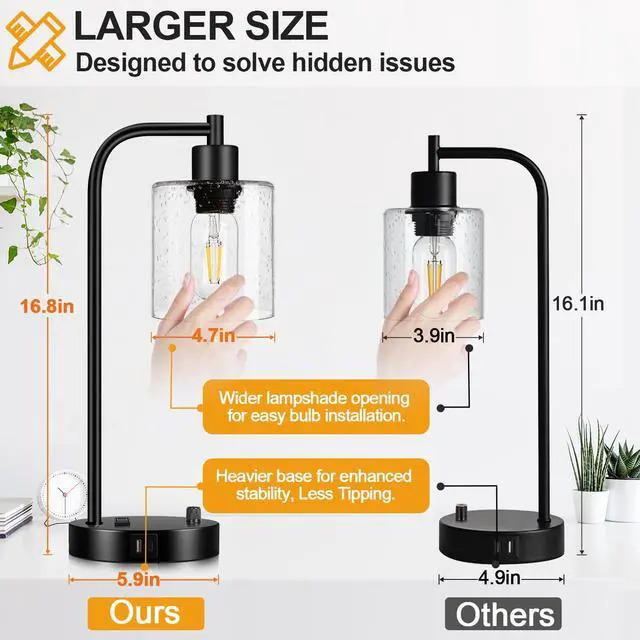 Alt view image 4 of 7 - Set of 2 Industrial Table Lamps with USB C+A Ports and Outlet, Fully Stepless Dimmable Bedside Lamps for Bedrooms, Nightstand Lamp with Seed Glass Shade for Reading Living Room Office (Bulbs Included)