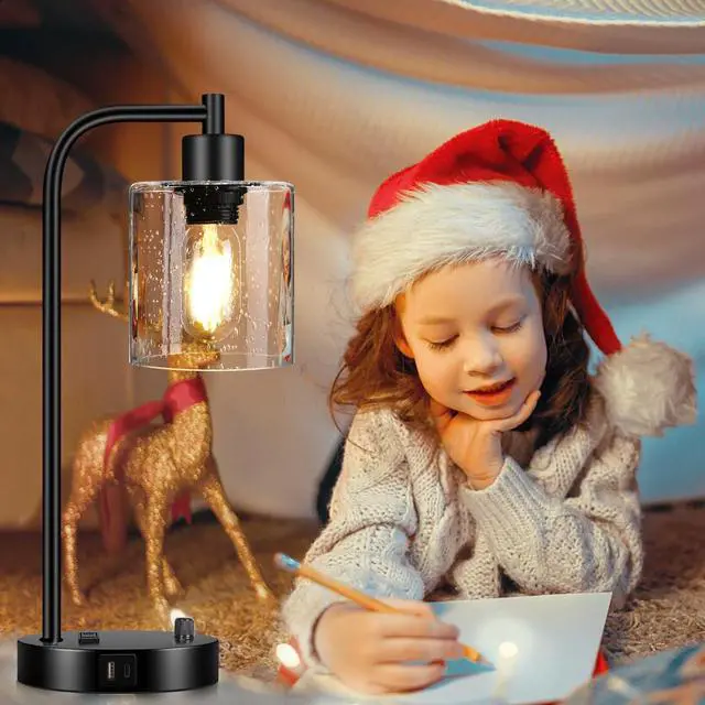 Alt view image 6 of 7 - Set of 2 Industrial Table Lamps with USB C+A Ports and Outlet, Fully Stepless Dimmable Bedside Lamps for Bedrooms, Nightstand Lamp with Seed Glass Shade for Reading Living Room Office (Bulbs Included)