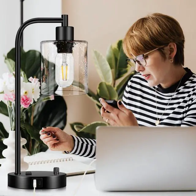 Alt view image 7 of 7 - Set of 2 Industrial Table Lamps with USB C+A Ports and Outlet, Fully Stepless Dimmable Bedside Lamps for Bedrooms, Nightstand Lamp with Seed Glass Shade for Reading Living Room Office (Bulbs Included)