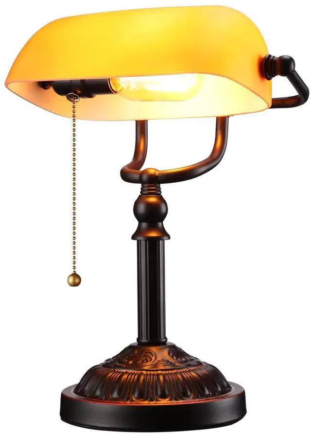 Main image of Amber Glass Bankers Desk Lamp, Antique Desk Lamps with Retro Weighted Base, Traditional Library Lamp with Pull Chain, E26 Base, Vintage Desk Lamp for Office, Study Room(Matted Orange)