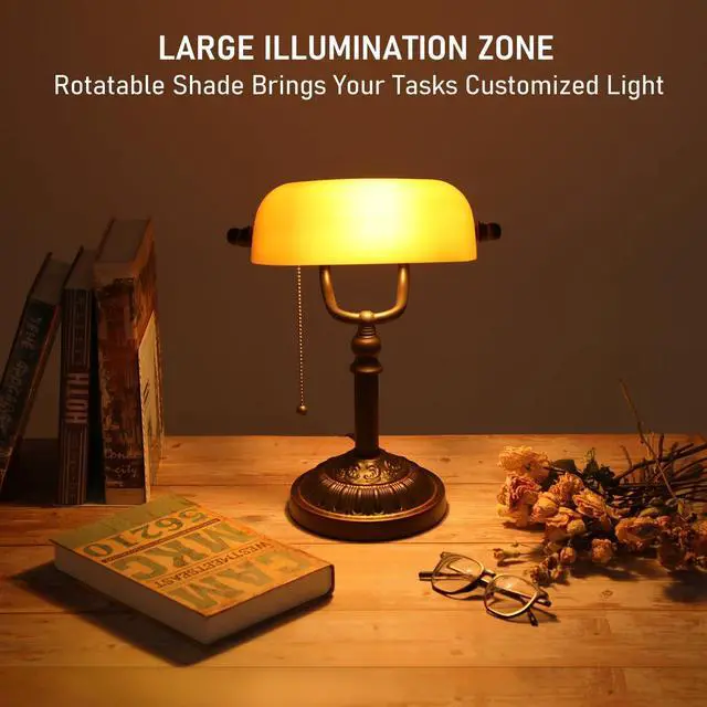 Alt view image 4 of 7 - Amber Glass Bankers Desk Lamp, Antique Desk Lamps with Retro Weighted Base, Traditional Library Lamp with Pull Chain, E26 Base, Vintage Desk Lamp for Office, Study Room(Matted Orange)