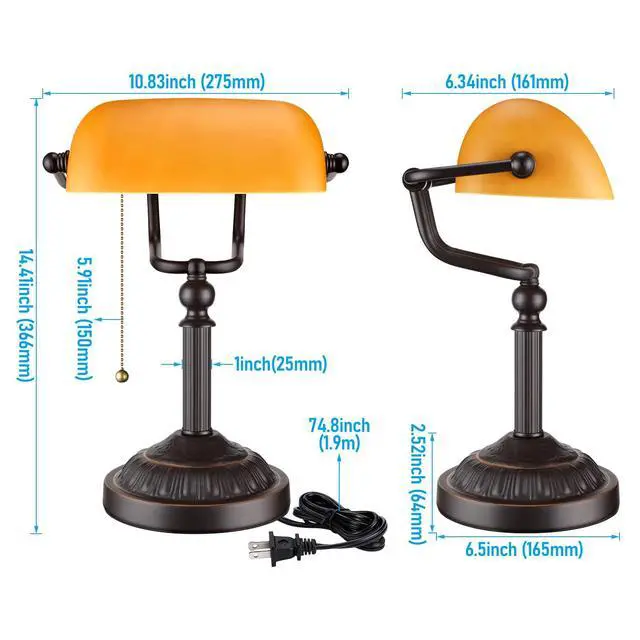 Alt view image 7 of 7 - Amber Glass Bankers Desk Lamp, Antique Desk Lamps with Retro Weighted Base, Traditional Library Lamp with Pull Chain, E26 Base, Vintage Desk Lamp for Office, Study Room(Matted Orange)