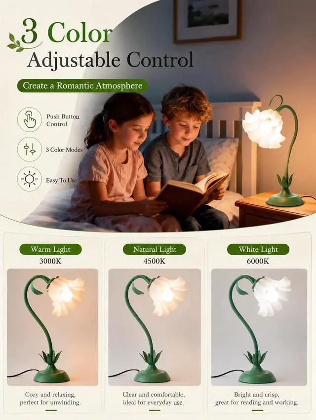 Alt view image 2 of 7 - Flower Table Lamp, LED Reading Light Vintage Bedside Table Lamp with 3 Color Modes for Nightstand, Kawaii Decoration for Home Bedroom Living Room (Green)