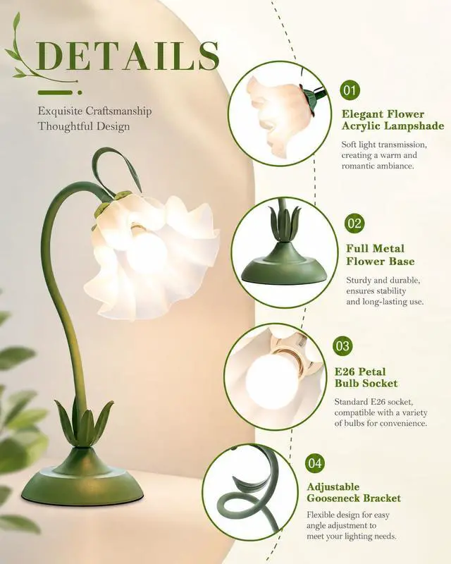 Alt view image 3 of 7 - Flower Table Lamp, LED Reading Light Vintage Bedside Table Lamp with 3 Color Modes for Nightstand, Kawaii Decoration for Home Bedroom Living Room (Green)