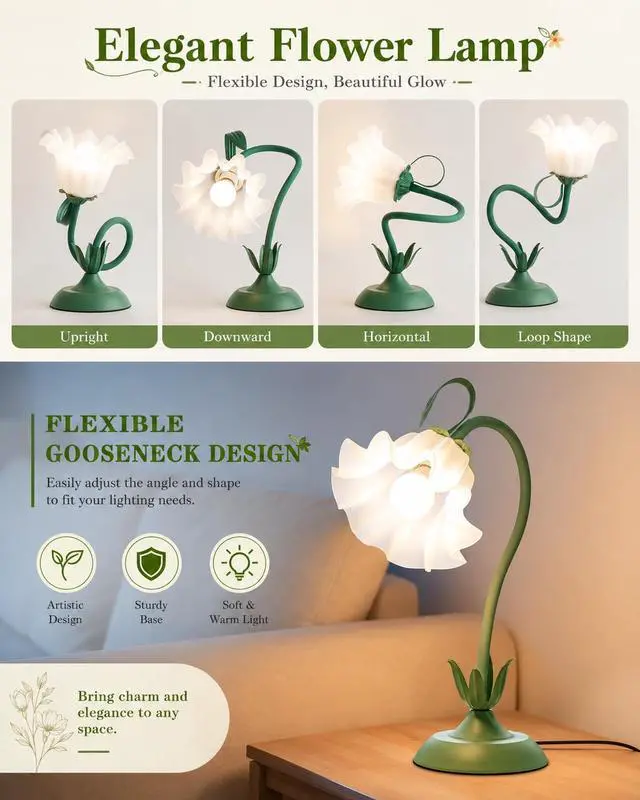 Alt view image 4 of 7 - Flower Table Lamp, LED Reading Light Vintage Bedside Table Lamp with 3 Color Modes for Nightstand, Kawaii Decoration for Home Bedroom Living Room (Green)