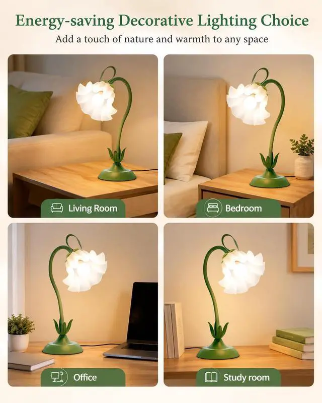Alt view image 5 of 7 - Flower Table Lamp, LED Reading Light Vintage Bedside Table Lamp with 3 Color Modes for Nightstand, Kawaii Decoration for Home Bedroom Living Room (Green)