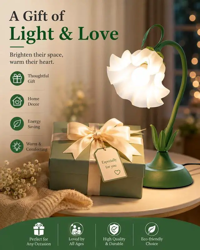 Alt view image 7 of 7 - Flower Table Lamp, LED Reading Light Vintage Bedside Table Lamp with 3 Color Modes for Nightstand, Kawaii Decoration for Home Bedroom Living Room (Green)