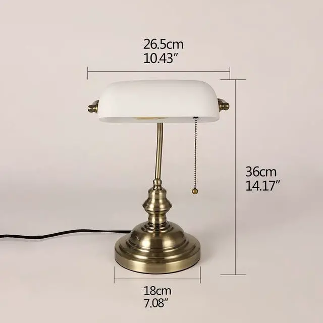 Alt view image 6 of 6 - Glass Bankers Desk Lamp with Pull Chain Switch Plug in Fixture,Satin Brass Finish (White)