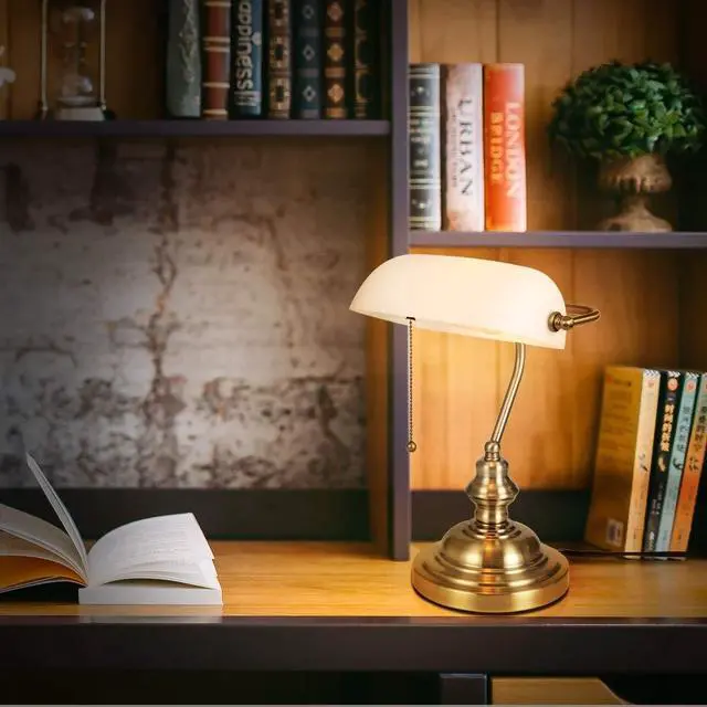 Alt view image 2 of 6 - Glass Bankers Desk Lamp with Pull Chain Switch Plug in Fixture,Satin Brass Finish (White)