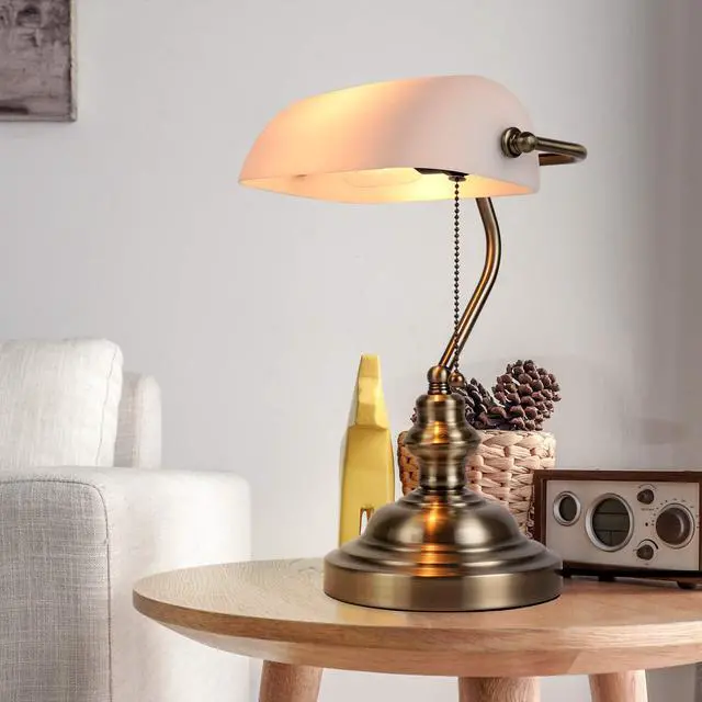 Alt view image 3 of 6 - Glass Bankers Desk Lamp with Pull Chain Switch Plug in Fixture,Satin Brass Finish (White)