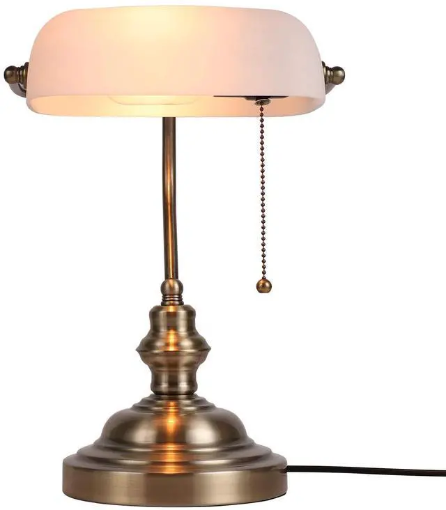 Main image of Glass Bankers Desk Lamp with Pull Chain Switch Plug in Fixture,Satin Brass Finish (White)