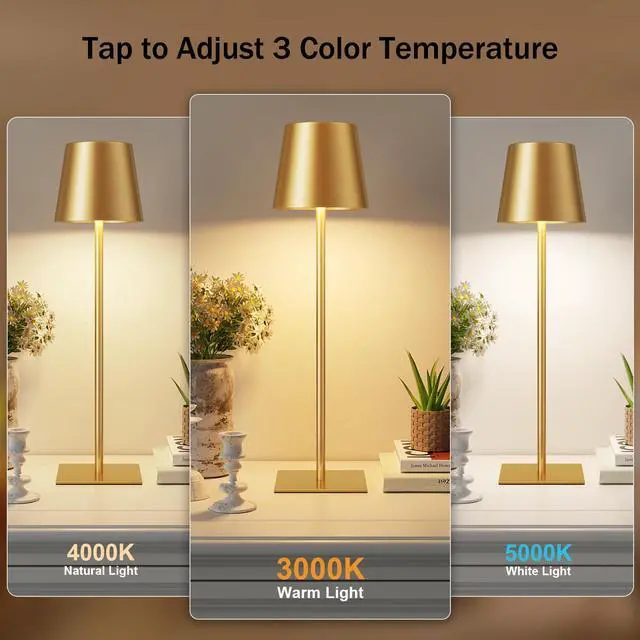Alt view image 2 of 6 - Gold Cordless Rechargeable Table Lamp, 2 Pack Portable Desk Lamp with 5000mAh Battery, Touch Control Stepless Dimming, Wireless Night Light for Dining, Outdoor Camping, Coffee Shop, Water Repellent