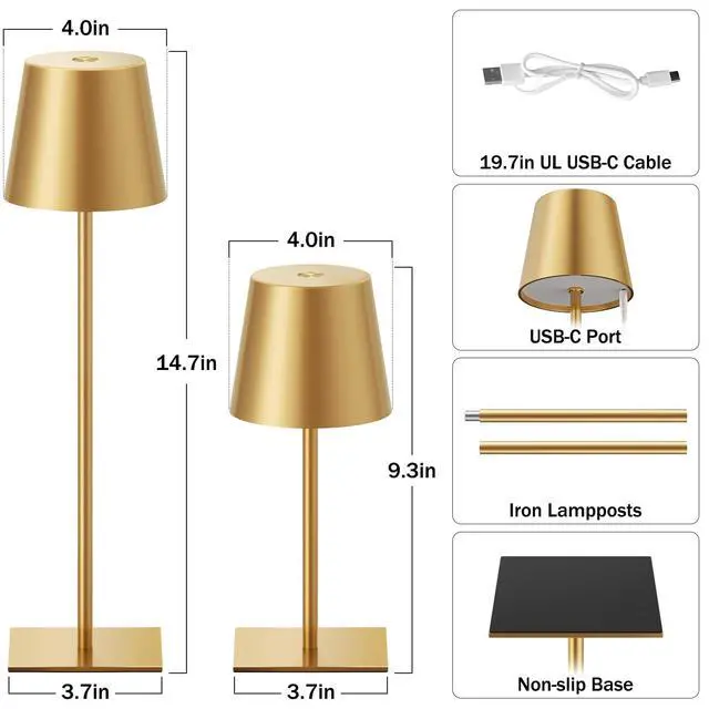 Alt view image 3 of 6 - Gold Cordless Rechargeable Table Lamp, 2 Pack Portable Desk Lamp with 5000mAh Battery, Touch Control Stepless Dimming, Wireless Night Light for Dining, Outdoor Camping, Coffee Shop, Water Repellent