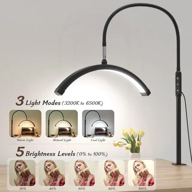Alt view image 2 of 7 - Half Moon Light with Clamp, LED Manicure Table Lamp, Desk Lamp for Nail Desk, Eyelash Extensions, Skincare and Tattoo, 5 Brightness Levels and 5 Color Modes, Remote Control (Black)