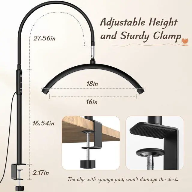 Alt view image 5 of 7 - Half Moon Light with Clamp, LED Manicure Table Lamp, Desk Lamp for Nail Desk, Eyelash Extensions, Skincare and Tattoo, 5 Brightness Levels and 5 Color Modes, Remote Control (Black)