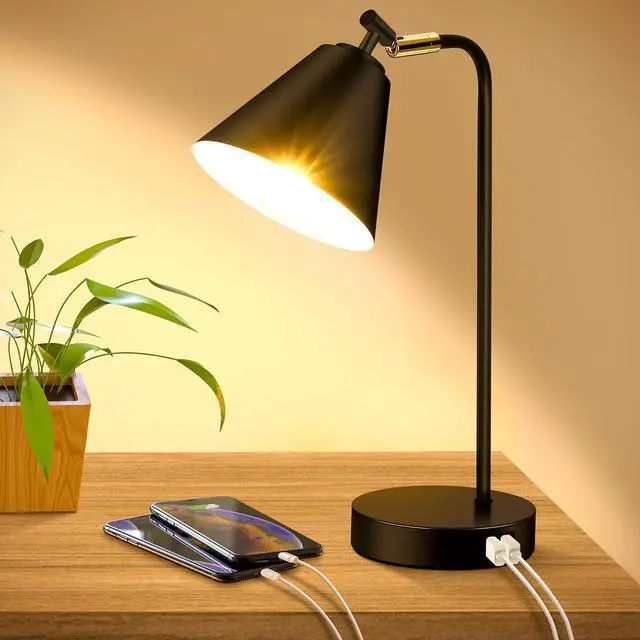 Main image of Industrial Dimmable Desk Lamp with 2 USB Charging Ports AC Outlet, Touch Control Bedside Nightstand Reading Lamp Flexible Head, Black Metal Table Lamp for Bedroom Office Living Room, Bulb Included