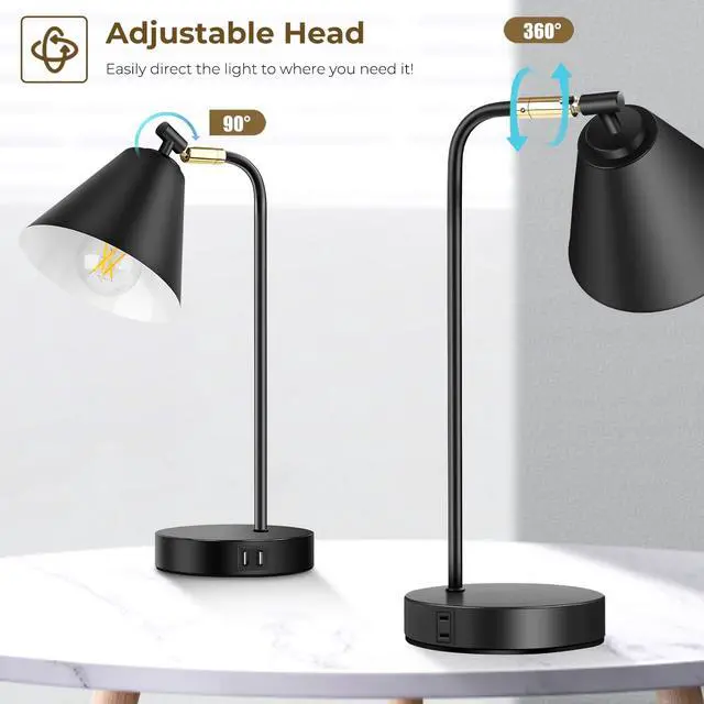 Alt view image 2 of 7 - Industrial Dimmable Desk Lamp with 2 USB Charging Ports AC Outlet, Touch Control Bedside Nightstand Reading Lamp Flexible Head, Black Metal Table Lamp for Bedroom Office Living Room, Bulb Included