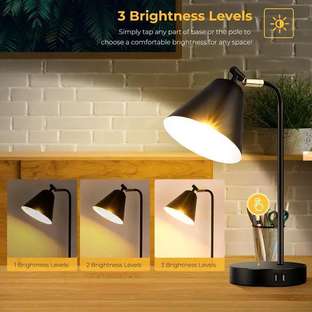 Alt view image 3 of 7 - Industrial Dimmable Desk Lamp with 2 USB Charging Ports AC Outlet, Touch Control Bedside Nightstand Reading Lamp Flexible Head, Black Metal Table Lamp for Bedroom Office Living Room, Bulb Included