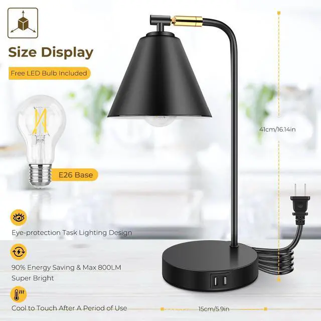 Alt view image 5 of 7 - Industrial Dimmable Desk Lamp with 2 USB Charging Ports AC Outlet, Touch Control Bedside Nightstand Reading Lamp Flexible Head, Black Metal Table Lamp for Bedroom Office Living Room, Bulb Included