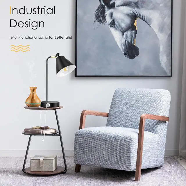 Alt view image 6 of 7 - Industrial Dimmable Desk Lamp with 2 USB Charging Ports AC Outlet, Touch Control Bedside Nightstand Reading Lamp Flexible Head, Black Metal Table Lamp for Bedroom Office Living Room, Bulb Included