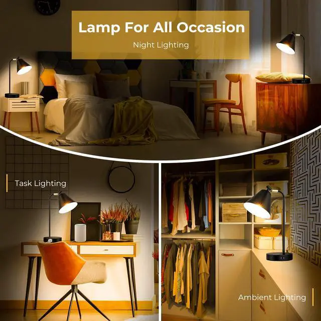 Alt view image 7 of 7 - Industrial Dimmable Desk Lamp with 2 USB Charging Ports AC Outlet, Touch Control Bedside Nightstand Reading Lamp Flexible Head, Black Metal Table Lamp for Bedroom Office Living Room, Bulb Included