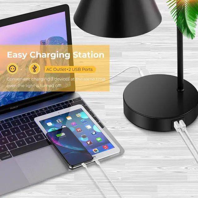 Alt view image 4 of 7 - Industrial Dimmable Desk Lamp with 2 USB Charging Ports AC Outlet, Touch Control Bedside Nightstand Reading Lamp Flexible Head, Black Metal Table Lamp for Bedroom Office Living Room, Bulb Included