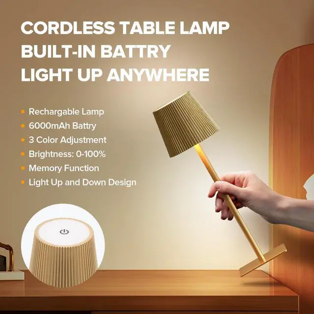Alt view image 3 of 7 - 4 Pack Cordless Table Lamp,6000mAh Rechargeable Battery Operated Desk Lamp,Two Adjustable Heights,Waterproof, Touch Control & 3 Color Stepless Dimming for Restaurant/Bedroom/Bars/Outdoor (Gold)