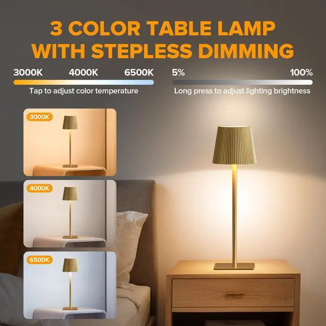 Alt view image 2 of 7 - 4 Pack Cordless Table Lamp,6000mAh Rechargeable Battery Operated Desk Lamp,Two Adjustable Heights,Waterproof, Touch Control & 3 Color Stepless Dimming for Restaurant/Bedroom/Bars/Outdoor (Gold)