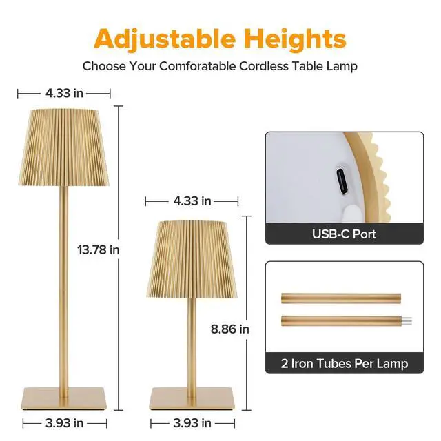 Alt view image 4 of 7 - 4 Pack Cordless Table Lamp,6000mAh Rechargeable Battery Operated Desk Lamp,Two Adjustable Heights,Waterproof, Touch Control & 3 Color Stepless Dimming for Restaurant/Bedroom/Bars/Outdoor (Gold)